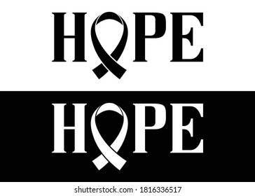 Hope. Word with ribbon for cancer awareness. Set of 2 Brush painted letters on isolated background. Black and white. Vector text illustration for cancer awareness, t shirt design, print, poster, icon,