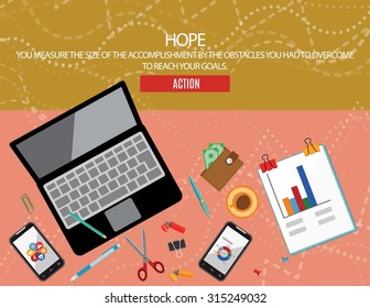 Hope. You measure the size of the accomplishment by the obstacles you had to overcome to reach your goals. Business landing page Illustration vector flat style