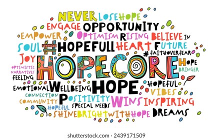 Hopecore aesthetic, philosophy based on hope and humanity. Looking for the bright side in any situation. Motivational trend. Beautiful wordlcloud. Vector illustration isolated on white background