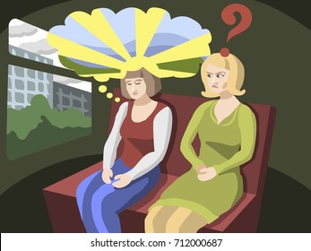 Hopeful beautiful woman sitting at train window seat meditating. Traveling for peace of mind concept illustration vector.
