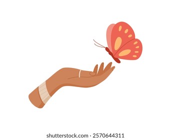 Hopeful butterfly hand symbol. Gift of nature through a womans gesture. Flat design graphic, ideal for themes of hope and exchange, perfect for charity or environmental concepts.