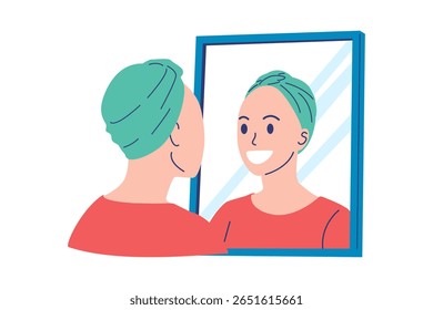 A hopeful cancer patient or survivor with a head wrap smiles confidently at her reflection in the mirror, symbolizing resilience, self-love, and optimism
