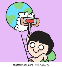 The Hopeful Girl is Climbing To The Top Of Ladder And Cleaning The Earth With Mop. Earth Day Concept Card Character illustration