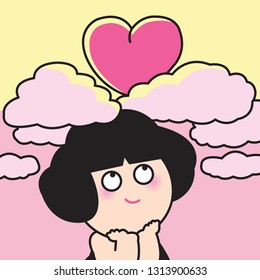 Hopeful Girl Is Waiting For The Open Sky To Find The Bright Heart Shaped Sun Above It. Valentine’s Day Series Concept Card Character illustration