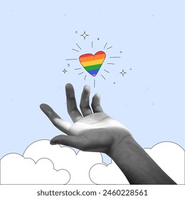 Hopeful image of hand reaching for rainbow heart captures LGBTQ community journey towards equality against blue background. Contemporary art collage. LGBT, equality, pride month, support, love