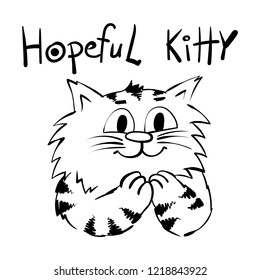 Hopeful kitty. Outline cat with big eyes. Animal design for print invitation, post card. Infantile doodle cat for party or coloring book for kids. Funny hand drawn doodle tomcat.