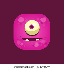 Hopeful Purple Monster Emoji Icon. Creative Vector Emoticon Alien Face. Cartoon Character Square Button Drawing.