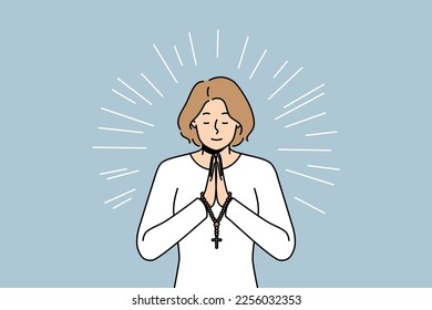 Hopeful religious young woman with rosary in hands praying. Superstitious female ask God for good fate and fortune. Religion and faith. Vector illustration. 