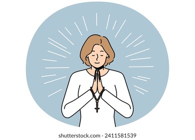 Hopeful religious young woman with rosary in hands praying. Superstitious female ask God for good fate and fortune. Religion and faith. Vector illustration.