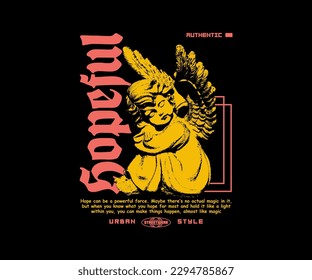 hopeful slogan with baby angels statue graphic vector illustration on black background for streetwear and urban style t-shirts design, hoodies, etc