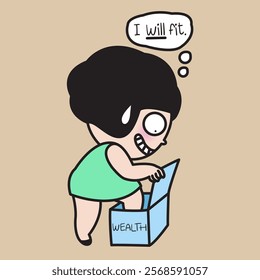 Hopeful Young Woman Try To Fit Herself To A Small Wealth Box Concept Cartoon Character illustration