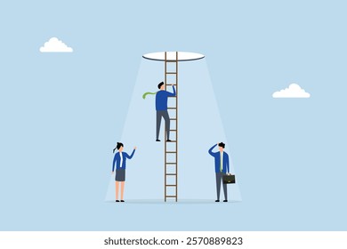 Hopefulness motivation to solve problem, aspire to conquer fear idea, entrepreneur ascend ladder towards illuminated path ahead. 