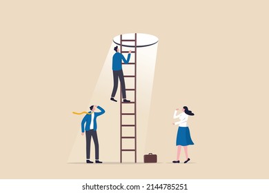 Hopefulness motivation to solve problem, challenge to overcome difficulty or courage to escape for freedom, hope to overcome fear concept, businessman climb up ladder to light shining way out.