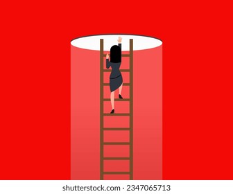 Hopefulness motivation to solve problem, courage to escape for freedom. Businesswoman climb up ladder to light shining way out.