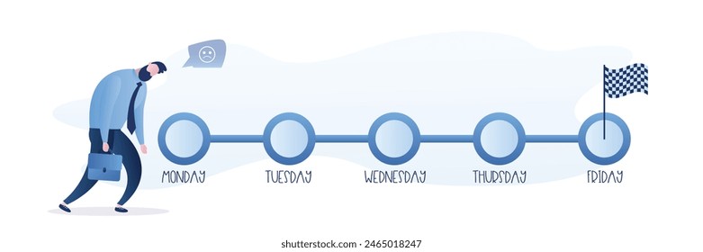 Empresario desesperado antes de empezar cinco días de trabajo. El trabajo rutinario o el trabajo de cinco días hacen que el empleado trabaje excesivamente en tareas repetitivas todos los días, sin motivación, dificultad para cambiar o encontrar oportunidades. Vector