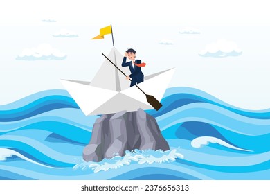 Hopeless businessman stuck on shipwrecked on high rock cliff, life or business stuck, struggle with problem, obstacle, error, mistake or failure cause hopeless situation, business difficulty (Vector)