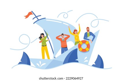 Hopeless Businesspeople Team Shipwreck on Paper Boat. Business Characters Drowning in Ocean. Business People Struggle With Problem, Obstacle, Mistake Or Difficulty. Cartoon Vector Illustration