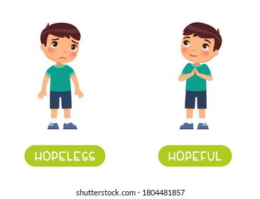 Hopeless and hopeful antonyms word card vector template. Opposites concept. Flashcard for english language learning. Little desperate boy sadly lowers his head, a happy child lifts up his eyes and is happy