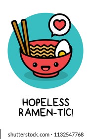 Hopeless Ramentic Ramen Bowl Pun Poster Vector Illustration in Flat Style Line Art