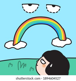 Hopeless Thinking Girl Is Drafting Her Own Depressed Rainbow In The Blue Sky Concept Card Character illustration