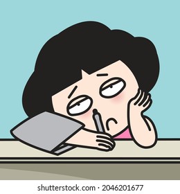 Hopeless Tired Woman is Lying On laptop At The Desk In Office Concept Card Character illustration