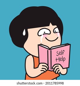 Hopeless Woman is trying To Smile With Tears In Her Eyes After Reading Self Help Book Concept Card Character illustration