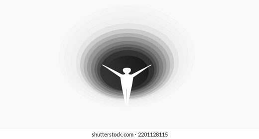 Hopelessness, Endless Dark Tunnel of Problems in Life - Vector Concept Design - Man in Despair Standing in the Light, at the Edge of a Big Black Deep Round Hole of Darkness, About to Fall