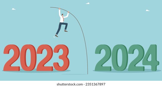 Hopes for new opportunities and success in the new year 2024, economic forecast and vision for business development in new year, review of results of past year, man with pole vaults from 2023 to 2024.