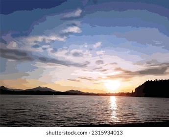 Hopfen am See, Germany, May 21.2022. Sunset sky over lake low fidelity vector illustration