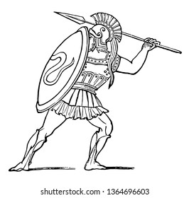 A hoplite drawing his spear, vintage line drawing or engraving illustration.