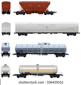 Hopper Car, Refrigerator Car, Tanks (Train #3). Pixel optimized. Elements are in the separate layers. In the side, back and front views.