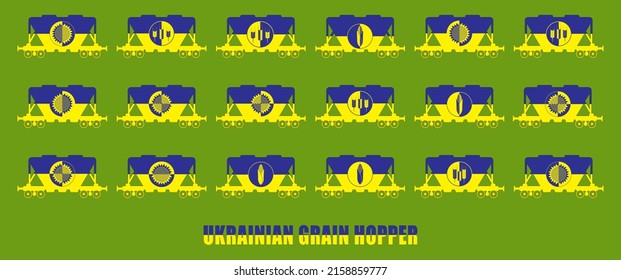 Hopper wagon icon set for transportation of bulk icons of grain, corn, sunflower and cereals in the colors of the Ukrainian flag. Ukrainian grain hoppers are yellow-blue. Vector illustration
