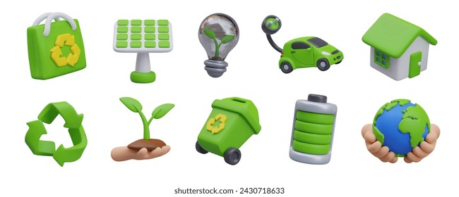 hopping bag, solar panel, light bulb with plant, electric car, house with green roof, recycling sign