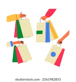 hopping Bags Held By Hands In Flat Vector Illustration Symbolizing Retail, Consumerism, And Shopping, Isolated On White Background