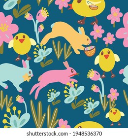 Hopping bunnies and chicks in easter palettes. Designed in seamless repeat pattern. Ready to be printed as wall paper or gift wraps. 