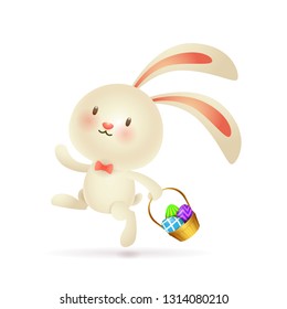 Hopping bunny with basket of eggs. Happy little rabbit walking with Easter eggs. Can be used for topics like spring, holiday, nursery