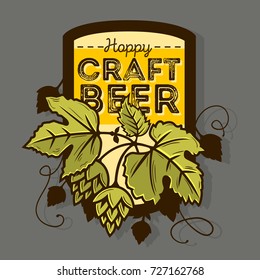 Hoppy Craft Beer Label With Leaves And Hops Illustration. Vector Graphic.