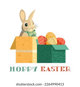 Hoppy Easter fancy holiday fun vector illustration. Egg Hunt Challenge Game for Kids, Entertaining Fun, holiday family picnic invitation flyer template. Funny bunny rabbit, Easter eggs cartoon design