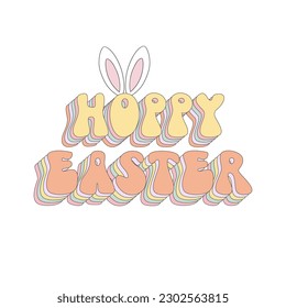 Hoppy Easter groovy text pun with bunny ears. Spring Vector illustration inscription wordplay isolated on white 