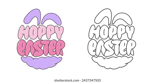 Hoppy Easter handwritten puffy text with bunny ears vector illustration. Pun holiday quote for greeting card, print, tee. Bubble lettering design for coloring page