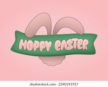 Hoppy Easter handwritten puffy text with bunny ears and tail vector illustration. Pun holiday quote for greeting card, print