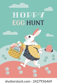 Hoppy Egg Hunt fancy Easter game vector poster. Basket, Easter eggs, rabbit footprints cartoon illustration. Bunny inviting children to egg hunt game. Festive family event play invitation background