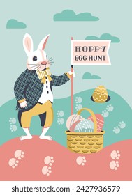 Hoppy Egg Hunt fancy Ostern Spiel Vektor-Poster. Korb, Ostereier, Kaninchen Fußabdrücke Cartoon-Illustration. Hase lädt Kinder auf Eiersuche Spiel. Festliche Familie Magie Ereignis Spielflyer Hintergrund