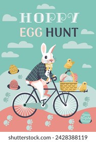 Hoppy Egg Hunt fancy Easter game vector poster. Basket, Easter eggs, rabbit footprints cartoon illustration. Easter Bunny driving eggs for Hunt game. Festive family event play invitation background