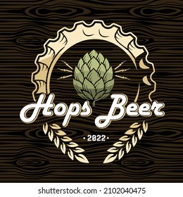 Logotipos de la Cervecería Hops. Logotipo de cerveza sobre tapas - ilustración vectorial, diseño de emblema de cervecería sobre fondo de madera oscura. Logotipo de la taza de cerveza, barriles, lúpulos, malta, trigo, ilustración vectorial
