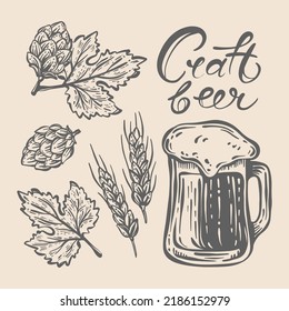 HOPS AND BEER Tasty Drink In Mug With Foam And Ears Of Wheat And Hop Cones Handwritten Text Craft Beer Hand Drawn Monochrome Sketch Cartoon Vector Illustration