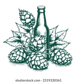 Hops with a bottle of beer, isolated on white background, simple, vector in line art style
