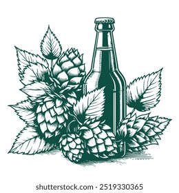 Hops with a bottle of beer, isolated on white background, simple, vector in line art style