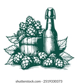 Hops with a bottle of beer, isolated on white background, simple, vector in line art style