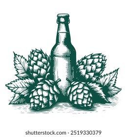 Hops with a bottle of beer, isolated on white background, simple, vector in line art style